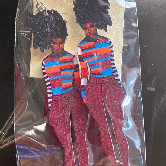 African American Black Woman Jeans Wooden Earrings - Picture 1 of 2